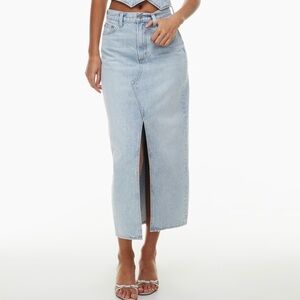 Light Wash Denim Midi Skirt with Front Slit